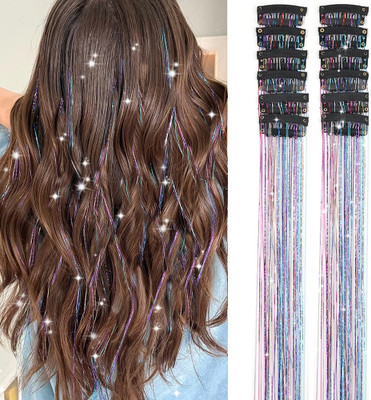 Ghelonadi 1 Pcs 200 Strands Rainbow Shiny  Tinsel  Kit With 4 pcs Snap Wig Clips Hair Extension