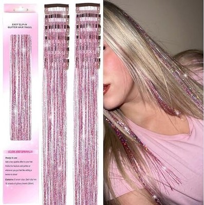 DreamExim 2Pcs  Tinsel Clip in  Tinsel Clips Glitter Tinsel (2Pcs Pink) Hair Extension