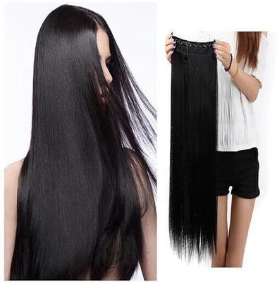 TRESS 24 Inch 5 Clip In Black Straight Synthetic Fiber Extensions For Women/Girls Hair Extension