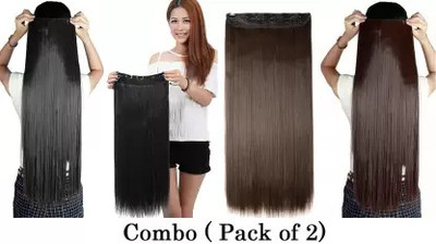 D-DIVINE Combo of 5 Clip-in 24 Inch Straight Extension for Women (Dark Brown, Black) Hair Extension