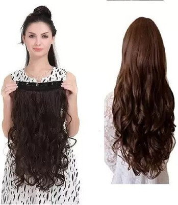 D-DIVINE Full Head Curly/Wave Clip On Synthetic Extension For Girls 24 inch (Brown) Hair Extension