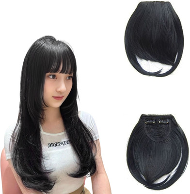 Blushia Double Clip in Bangs- Fake Bangs Synthetic  Bangs (Pack of 1), Black Color Hair Extension