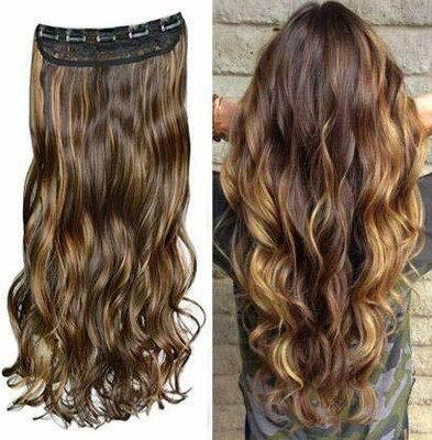 EASYOUNG 5 Clips Based 24Inch Highlighted Brown and Golden Curly Wavy  Extension Hair Extension