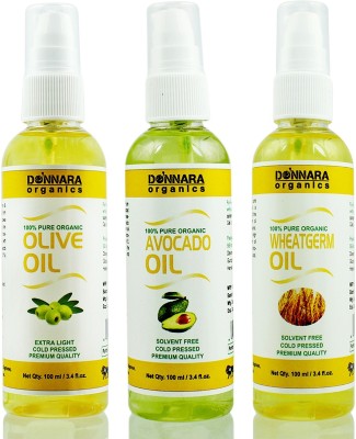 Donnara Organics Premium Olive oil, Avocado oil & Wheatgerm oil Combo pack of 3 bottles of 100ml(300 ml) Hair Oil(300 ml)