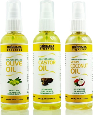 Donnara Organics Premium Olive oil, Castor oil & Coconut oil Combo pack of 3 bottles of 100ml(300 ml) Hair Oil(300 ml)