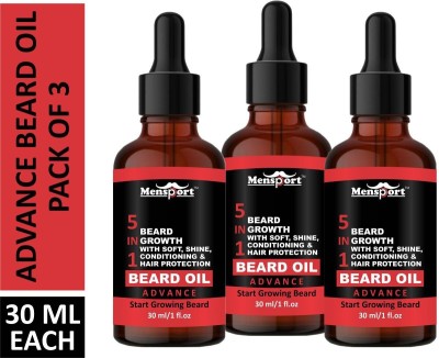 Mensport 5 IN 1 ADVANCE BEARD OIL- For Beard Growth With Soft, Shine, Conditioning & Hair Protection Combo pack of 3 bottles of 30 ml(90 ml) Hair Oil(90 ml)