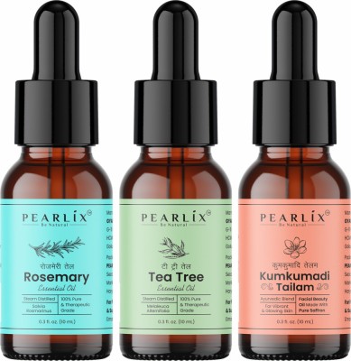 PEARLIX Tea Tree, Kumkumadi & Rosemary Essential Oil Pack Of 3 For Anti-Aging & Hairfall(30 ml)