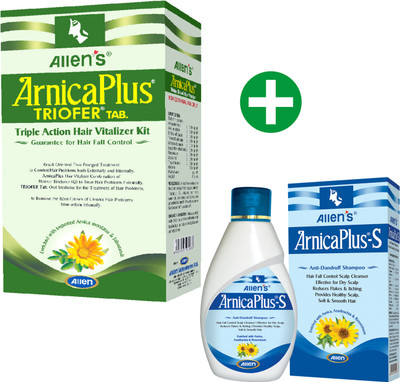 Allen's Arnica Plus Hair Vitalizer 100 Ml+ Triofer 50 Tabs+100 ml shampoo (2 packs each) Hair Oil(400 g)