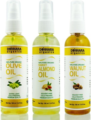 Donnara Organics Premium Olive oil, Sweet Almond oil & Walnut oil Combo pack of 3 bottles of 100ml(300 ml) Hair Oil(300 ml)