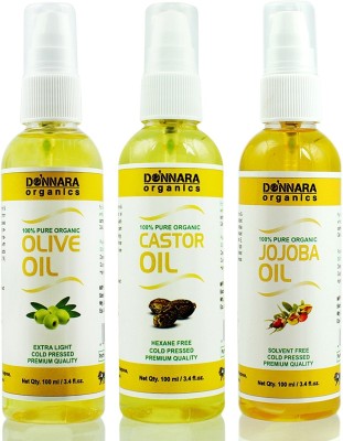 Donnara Organics Premium Olive oil, Castor oil & Jojoba oil Combo pack of 3 bottles of 100ml(300 ml) Hair Oil(300 ml)