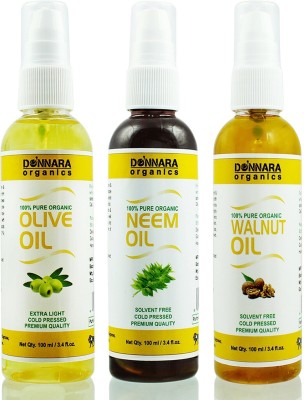 Donnara Organics Premium Olive oil, Neem oil & Walnut oil Combo pack of 3 bottles of 100ml(300 ml) Hair Oil(300 ml)