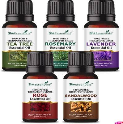 She Essentials Rosemary Essential Oil| Tea Tree | Rose | Lavender | Sandalwood Combo Pack of 5 Hair Oil(25 ml)