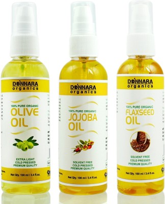 Donnara Organics Premium Olive oil, Jojoba oil & Flaxseed oil Combo pack of 3 bottles of 100ml(300 ml) Hair Oil(300 ml)