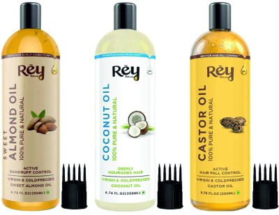 Rey Naturals Cold Pressed Castor Oil, Coconut Oil & Sweet Almond Oil - for hair & skin - 200ML + 200ML + 200ML Hair Oil(600 ml)