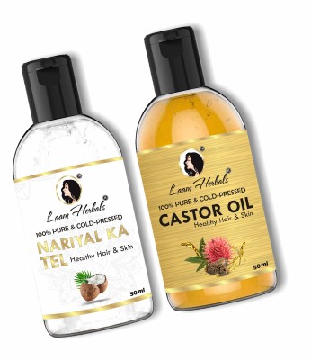 Laam Pure & Natural Cold-Pressed Castor+Coconut Oil for Hair, Skin, Body & Health- No Mineral Oil, No Paraben, No chemicals- 50 ml Each Hair Oil(100 ml)
