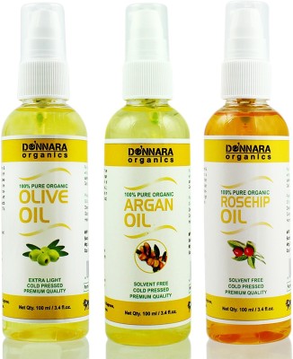 Donnara Organics Premium Olive oil, Argan oil & Rosehip oil Combo pack of 3 bottles of 100ml(300 ml) Hair Oil(300 ml)