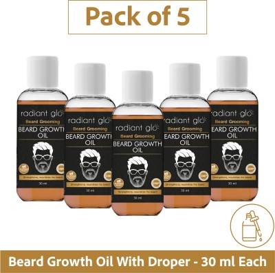 Radiant Glo Beard Growth Oil For Grooming, Strengthening & Nourishing | 30 ml x Pack of 5 Hair Oil(150 ml)