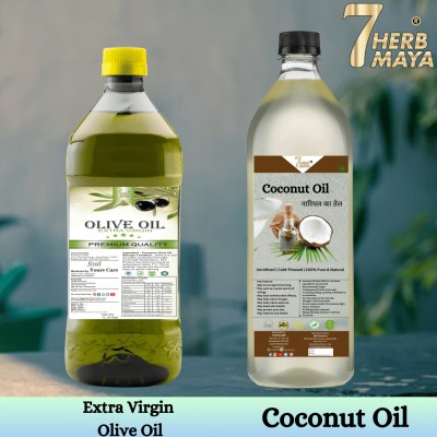 7Herbmaya Natural Coconut Oil & Organic Olive Oil for Hair, Skin, Massage & Cooking Hair Oil(2000 ml)