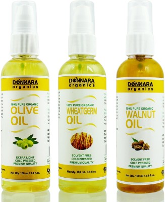 Donnara Organics Premium Olive oil, Wheatgerm oil & Walnut oil Combo pack of 3 bottles of 100ml(300 ml) Hair Oil(300 ml)