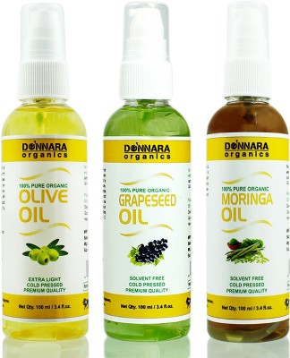 Donnara Organics Premium Olive oil, Grapeseed oil & Moringa oil Combo pack of 3 bottles of 100ml(300 ml) Hair Oil(300 ml)