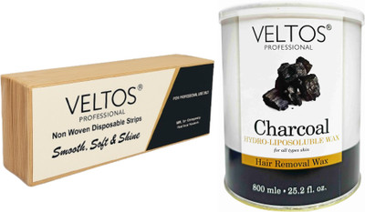 Veltos CHARCOAL HYDRO LIPODOLUBLE WAX 800ML WITH PACK OF NON-WOVEN WAXING STRIPS Wax(800 g, Set of 2)