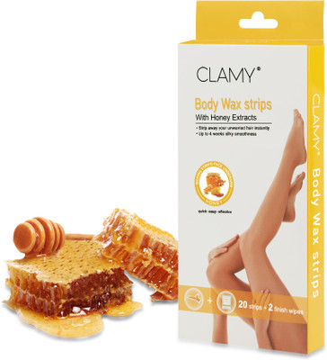 Clamy Full Body Wax Strips with Honey Extract Instant Removal Silky Smoothness Upto 4 Weeks (20 Strips + 2 Finish Wipes) Honey Strips(20 Strips)