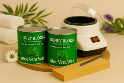 Honey Bloom Aloe Vera Wax Combo|2x600ml Wax Cans +Wax Heater +Aluminum Wax Knife +40Strips Wax(1200 g, Set of 2)
