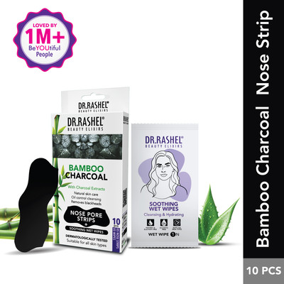 DR.RASHEL Bamboo Charcoal 5 Nose Strip & 5 Wet Wipes for Whiteheads & Blackheads Remover Strips(10 Strips)