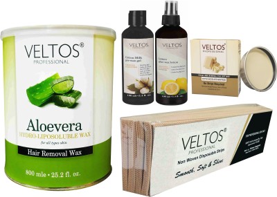 Veltos PROFESSIONAL ALOE VERA FACE AND BODY WAXING COMBO KIT (ALOE VERA BODY WAX 800ML, WHITE CHOCO PEEL OFF FACE WAX 80GM, COTTON PRE-WAX GEL 100ML, LEMON AFTER WAX LOTION 100ML, STRIPS PACK) Wax(1200 g, Set of 5)