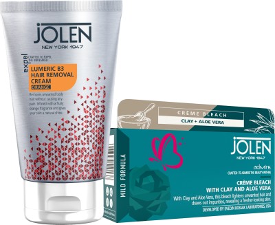 Jolen New York Lumeric B3 Hair Removal Cream Orange & Crème Bleach with Clay & Aloe Cream(90 g)