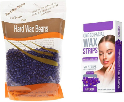ROODILES Lavender Facial Wax Strips (20 Strips + 2 Wipes) with 100g Hard Wax Beans Wax(100 g, Set of 2)