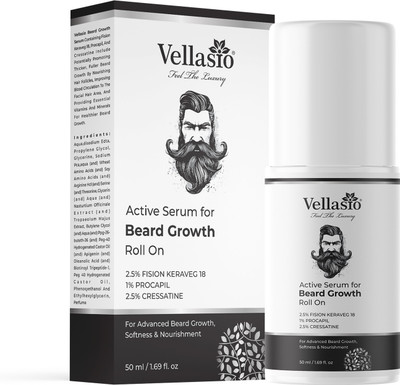 vellasio Active Beard Growth Roll On serum with Cressatine , Fision Keraveg 18 , PROCAPIL(50 ml)