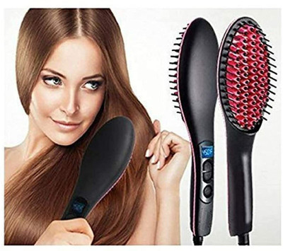 RK RETALIER Hair Straightening Brush with LCD Screen Temperature Control Display Hair Electric Comb Brush 3 in 1 Ceramic Fast Hair Straightener For Women's Hair Straightener Brush(Black)
