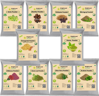 Brightland Combo of Hair Growth Amla powder 50g, Reetha powder50gm, Sikhakai Powder 50g, Bringraj powder 50gm, Heena leaf powder 50gm ,Brahmi powder 50g, Hibiscus Powder 50gm, Fenugreelk Powder 50gm, Neem Leaf Powder 50gm, Alovera Powder 50gm,(500 g)