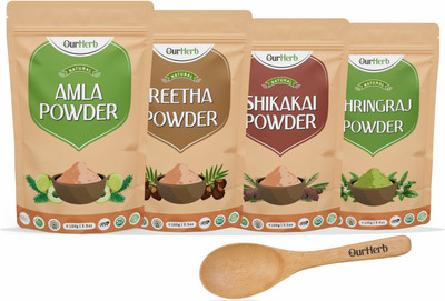 OurHerb Combo Pack of Amla_Reetha_Shikakai & Bhringraj Powder for Hair Care with Spoons(400 g)