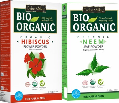 Indus Valley Bio Organic Neem Powder and Pure Hibiscus Powder for Smooth and Shiny Hairs Set of 2(200 g)