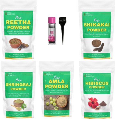 MINT ORGANICS Amla Reetha Shikakai Bhringraj Hibiscus 50g Each(Pack of 5)with Rose Water Combo(250 g)