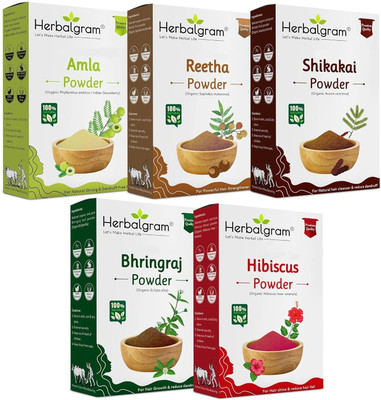 Herbalgram Pure & Natural Amla Reetha Shikakai Bhringraj Hibiscus Powder (5x100g)(500 g)