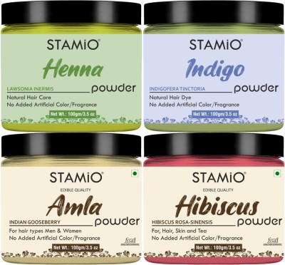 STAMIO Henna Indigo Amla Hibiscus Powder Combo Pack for Hair Color, Mask(400 g)