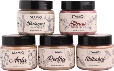STAMIO Pure Amla Reetha Shikakai Bhringraj Hibiscus Powders Combo for Healthy Hair & Scalp, 50gm Each(250 g)