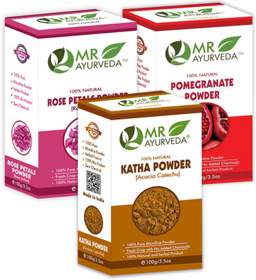 MR Ayurveda Katha Powder, Rose Petals Powder and Pomegranate Peel Powder - Set of 3(300 g)