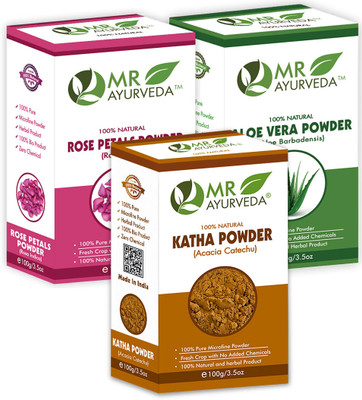 MR Ayurveda Katha Powder, Rose Petals Powder and Aloe Vera Powder - Set of 3(300 g)