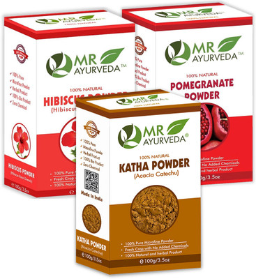 MR Ayurveda Katha Powder, Hibiscus Flower Powder and Pomegranate Peel Powder - Set of 3(300 g)
