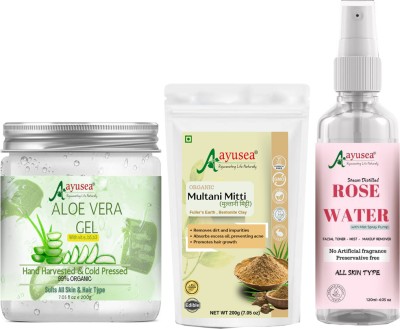 AYUSEA aloe vera gel-multani mitti and rose water combo for hair and skin mask(400 g)