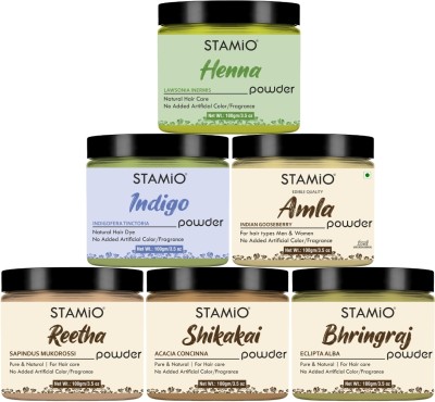 STAMIO Henna Indigo Amla Reetha Shikakai Bhringraj Powder Combo Pack for Hair Color(600 g)