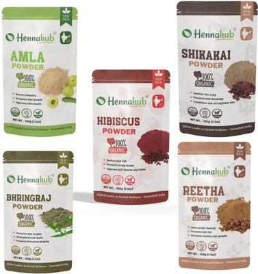 HENNAHUB Amla, Reetha, Shikakai, Hibiscus, Bhringraj Powder Combo 100gm Each Pack of 5(500 g)