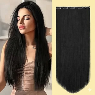 house of common Women's Natural Black Straight  Extensions in 24 inch,5 Clips . Hair Extension