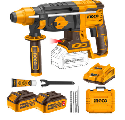 INGCO 26mm Brushless Rotary Hammer | 2pcs 4.0Ah Batteries and Charger | SDS Plus Chuck 5000BPM 2.0J 1100RPM | with 3 Drills and 1 Chisel | Rotary Hammer Drill(26 mm Chuck Size, 650 W)