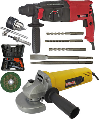 DUMDAAR DM 1250W 26mm Electric Reversible hammer machine 5pc bit 13mm chuck &Adopter ,Angle grinder 900w & Grinding Disc Rotary Hammer Drill(26 mm Chuck Size, 1250 W)