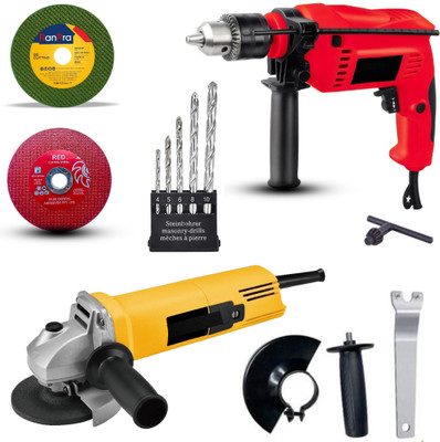 RanPra 4 INCH ANGLE GRINDER | 13MM DRILL MACHINE | 5PCS DRILL BIT | 2PCS CUTTING WHEEL Power & Hand Tool Kit(9 Tools)